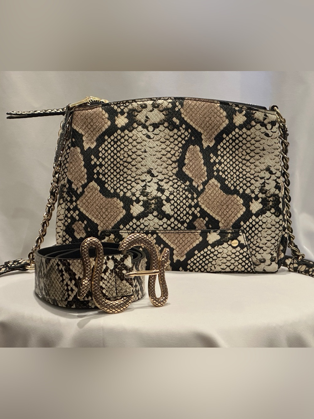 Snake-Print Crossbody Bag with Matching Belt - Beige/Black